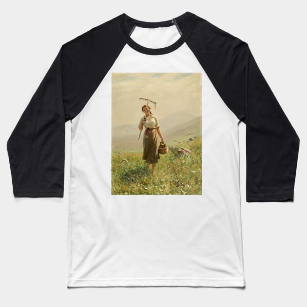A Young Woman in the Meadow by Hans Dahl Baseball T-Shirt by Classic Art Stall